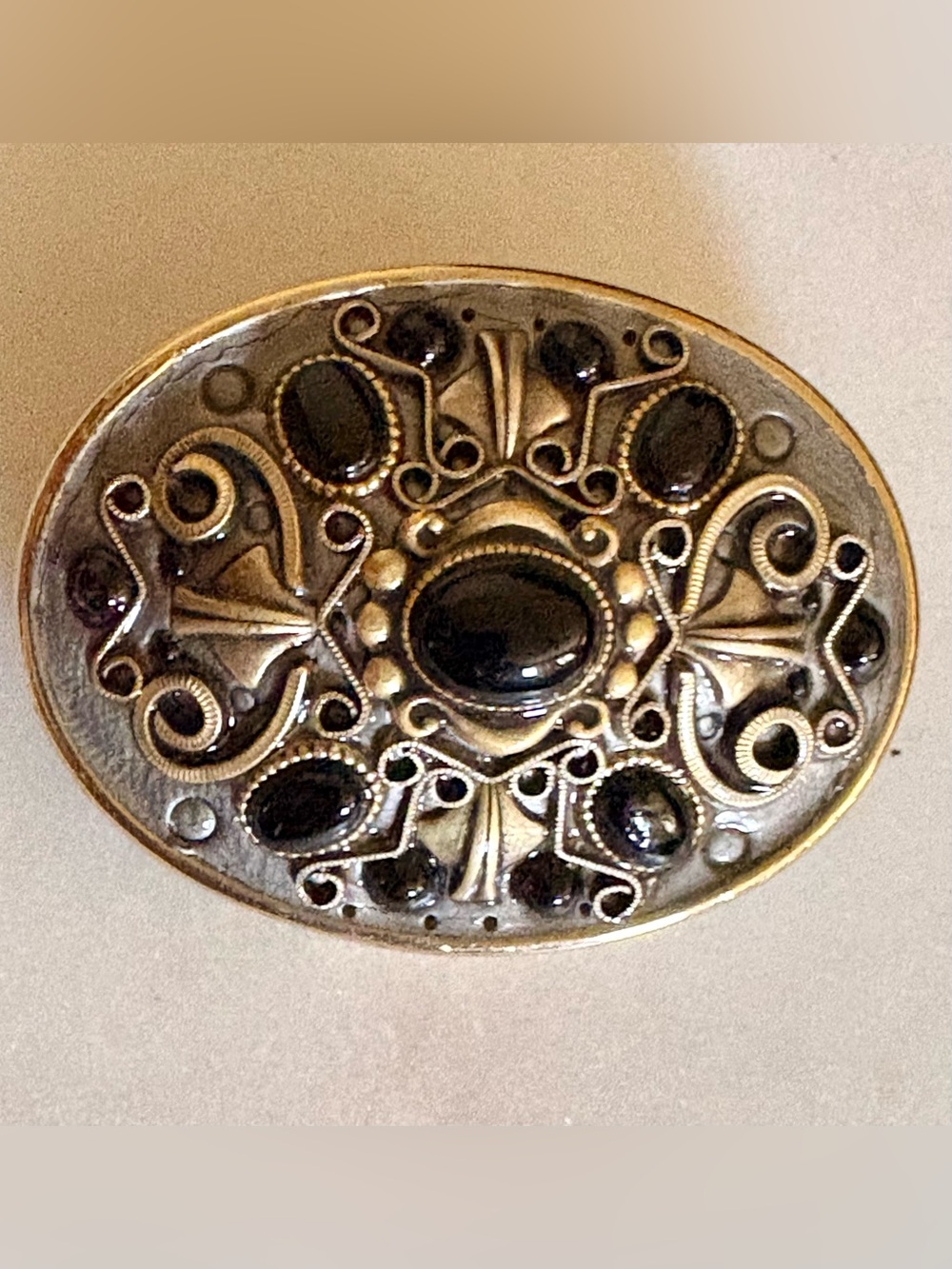 Michal Golan Onyx Oval Brooch or Pendant, Gold Vermeil Victorian Jewelry Signed